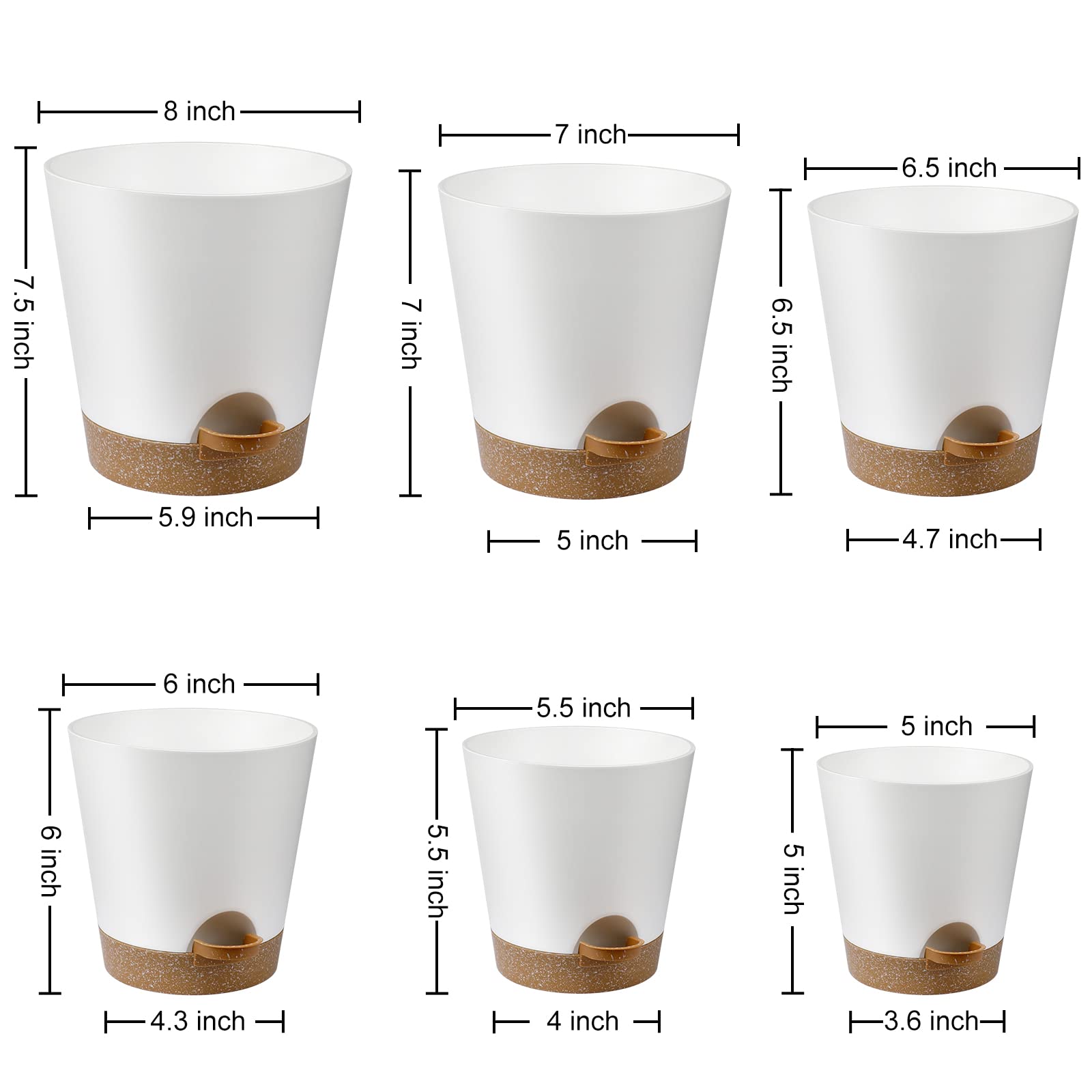 YNNICO Indoor Self Watering Planters 6 inch white pot with multiple drainage holes