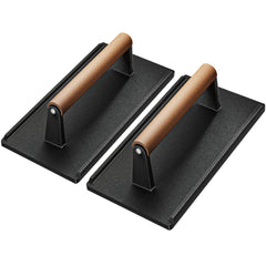Yoehka Cast Iron Grill Press front view with wooden handle