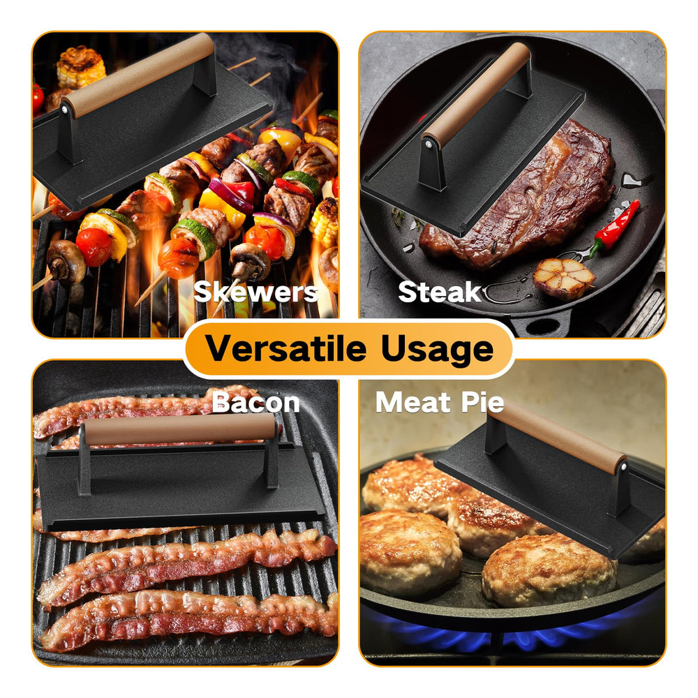 Yoehka Grill Press placed on a skillet with bacon