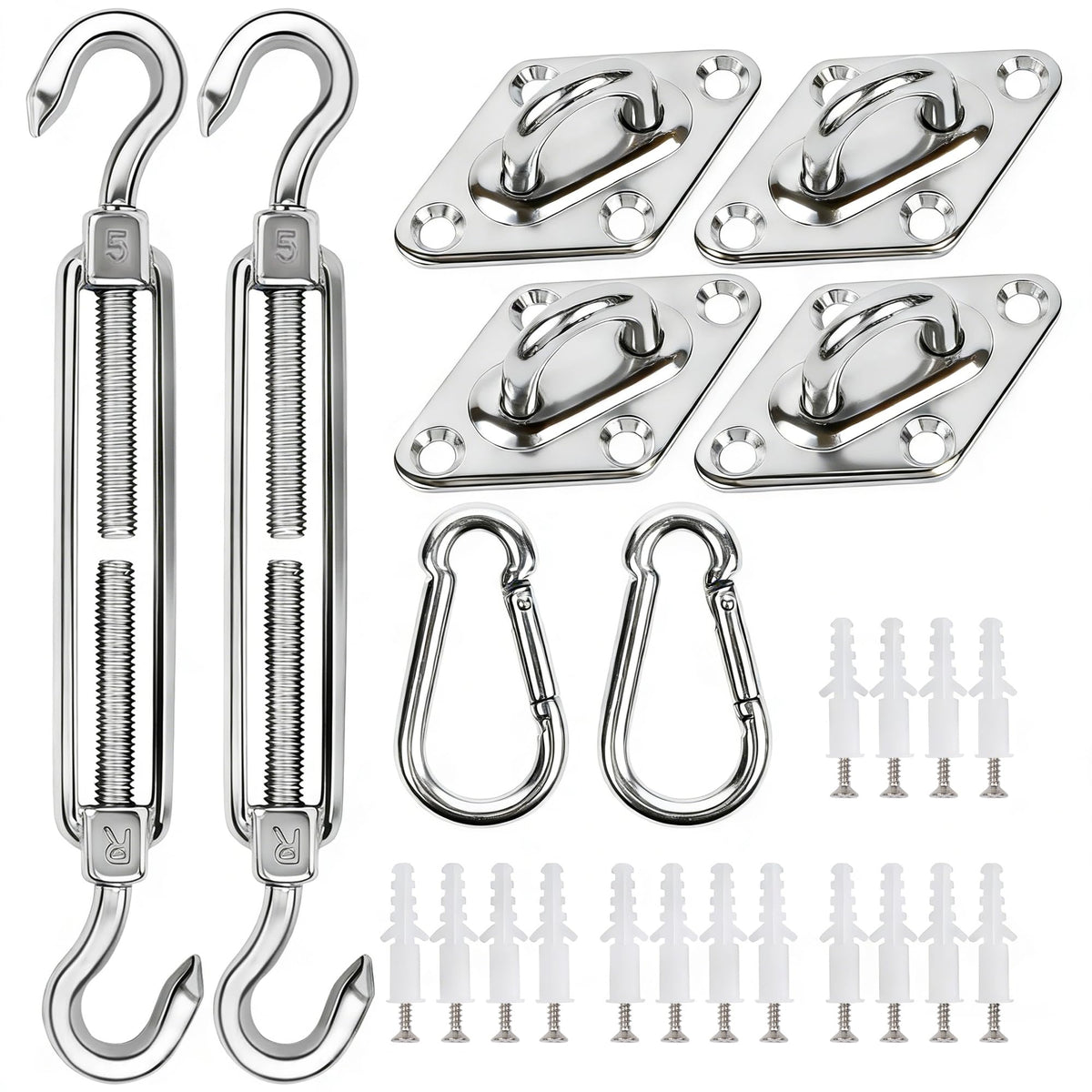 YOFIT 40 Pcs Shade Sail Hardware Kit components laid out