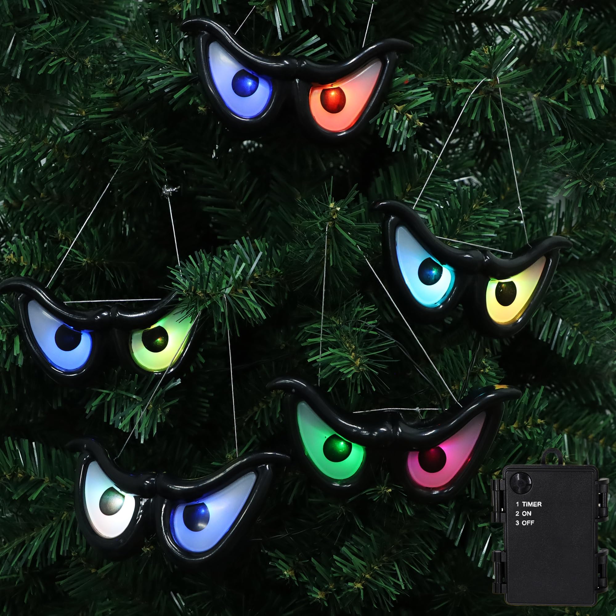 YOFIT Halloween LED Eye String Lights front view with colorful glowing eyes