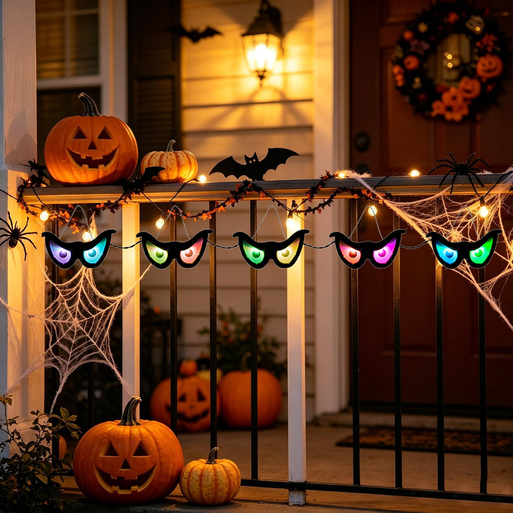 YOFIT Halloween LED Eye String Lights hanging in a garden at night