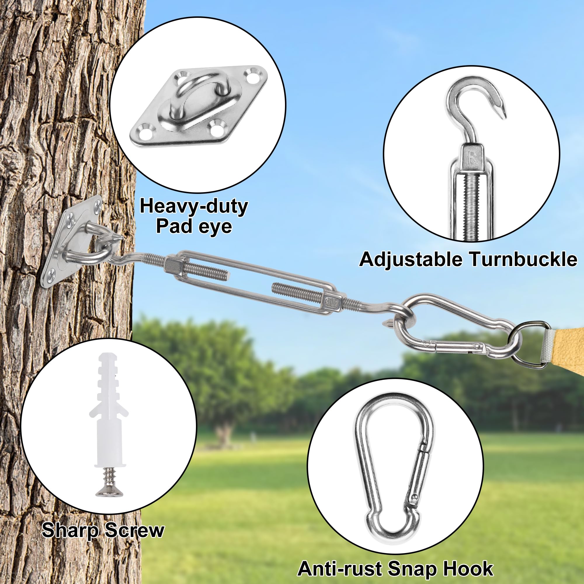 YOFIT Shade Sail Hardware Kit components on a patio