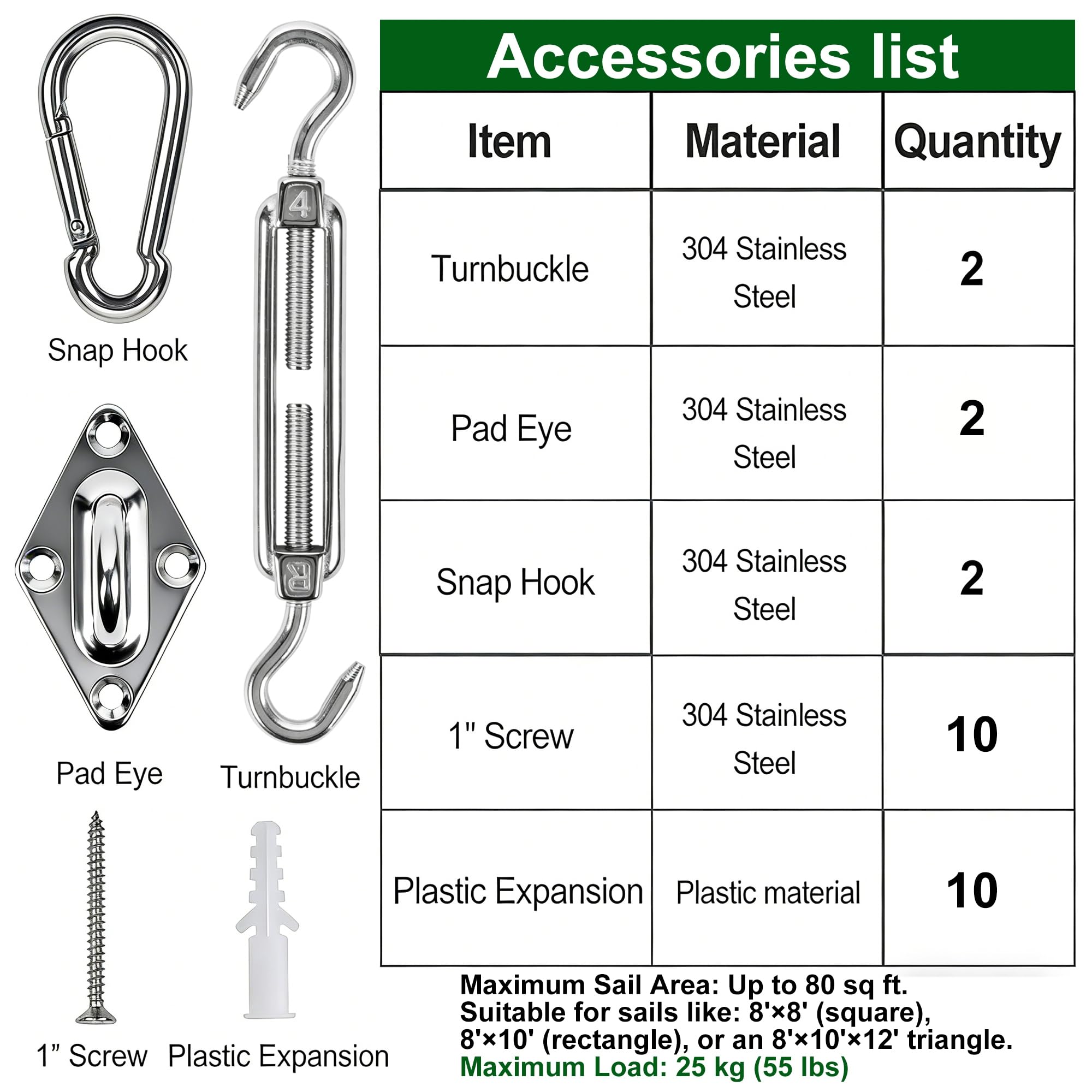 YOFIT Shade Sail Hardware Kit showing snap hooks and pad eyes
