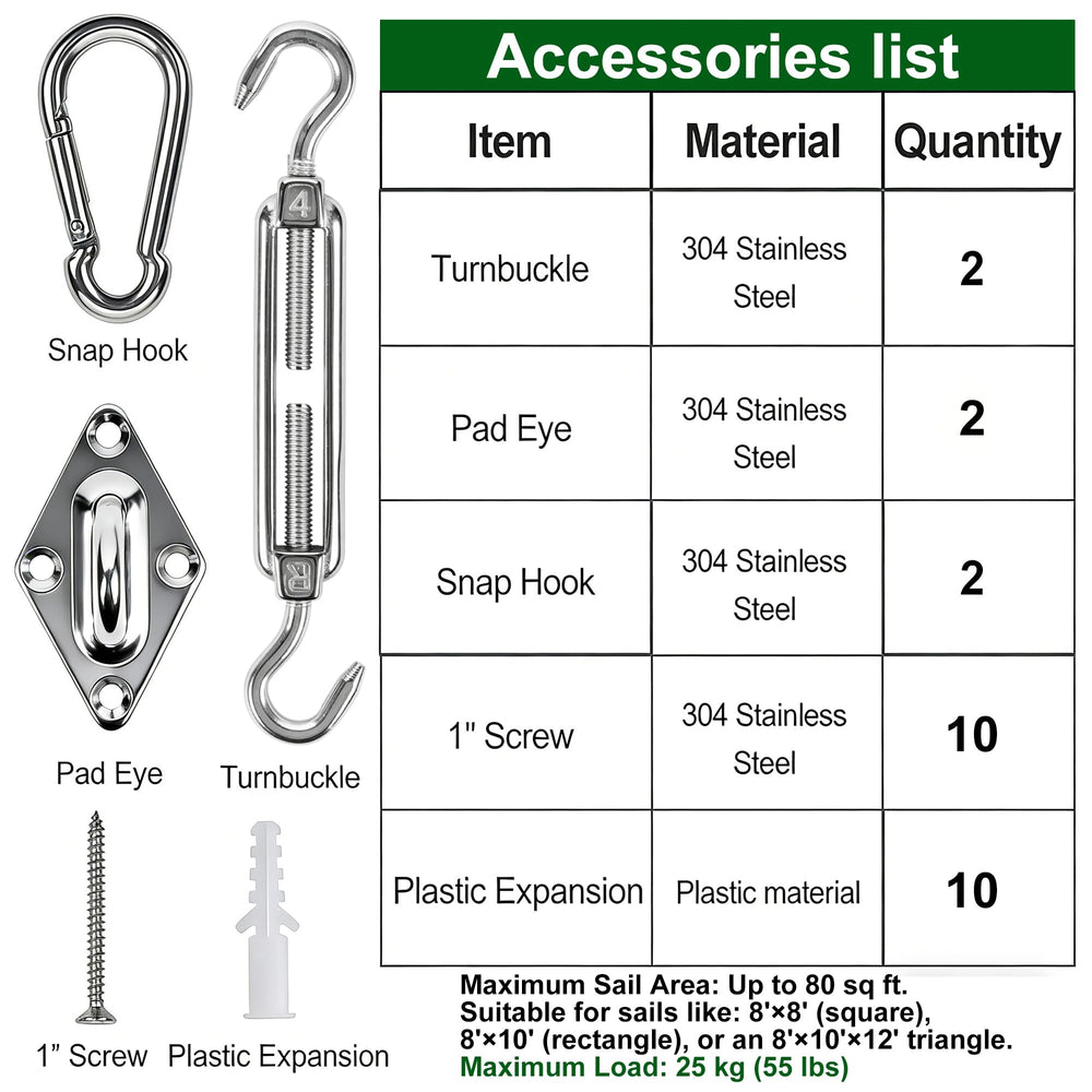 YOFIT Shade Sail Hardware Kit showing snap hooks and pad eyes