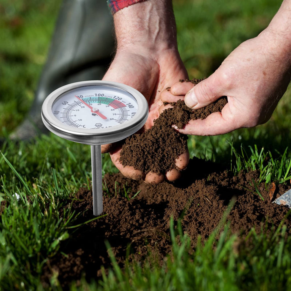 Yogyro compost thermometer with color-coded dial for easy reading