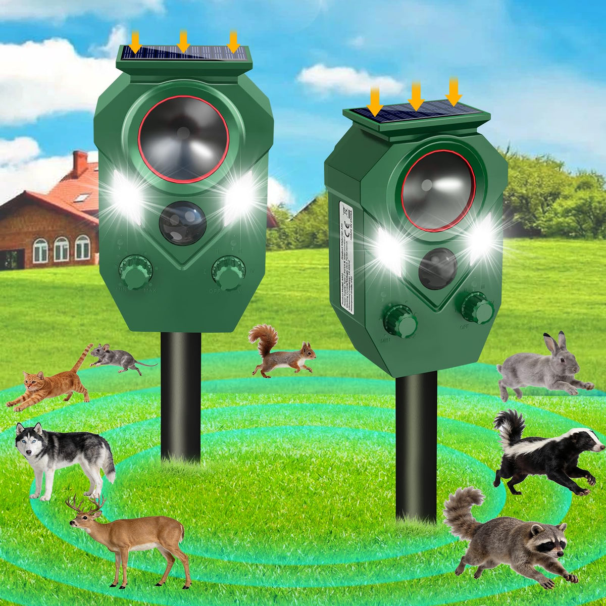YOHHOS Solar Powered Ultrasonic Animal Repeller front view, dark green