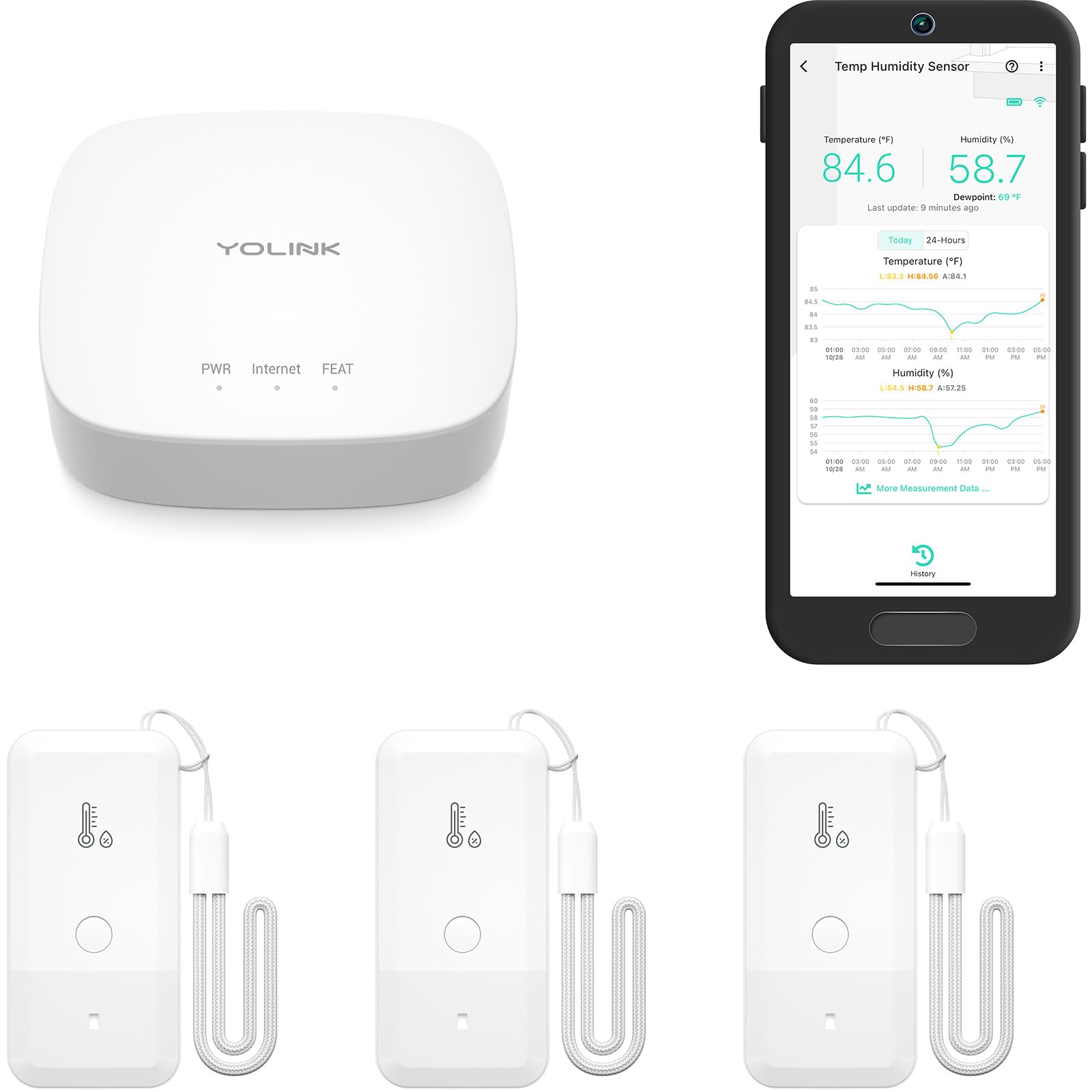 YoLink Freezer Thermometer Hygrometer Kit showing 1 hub and 3 sensors