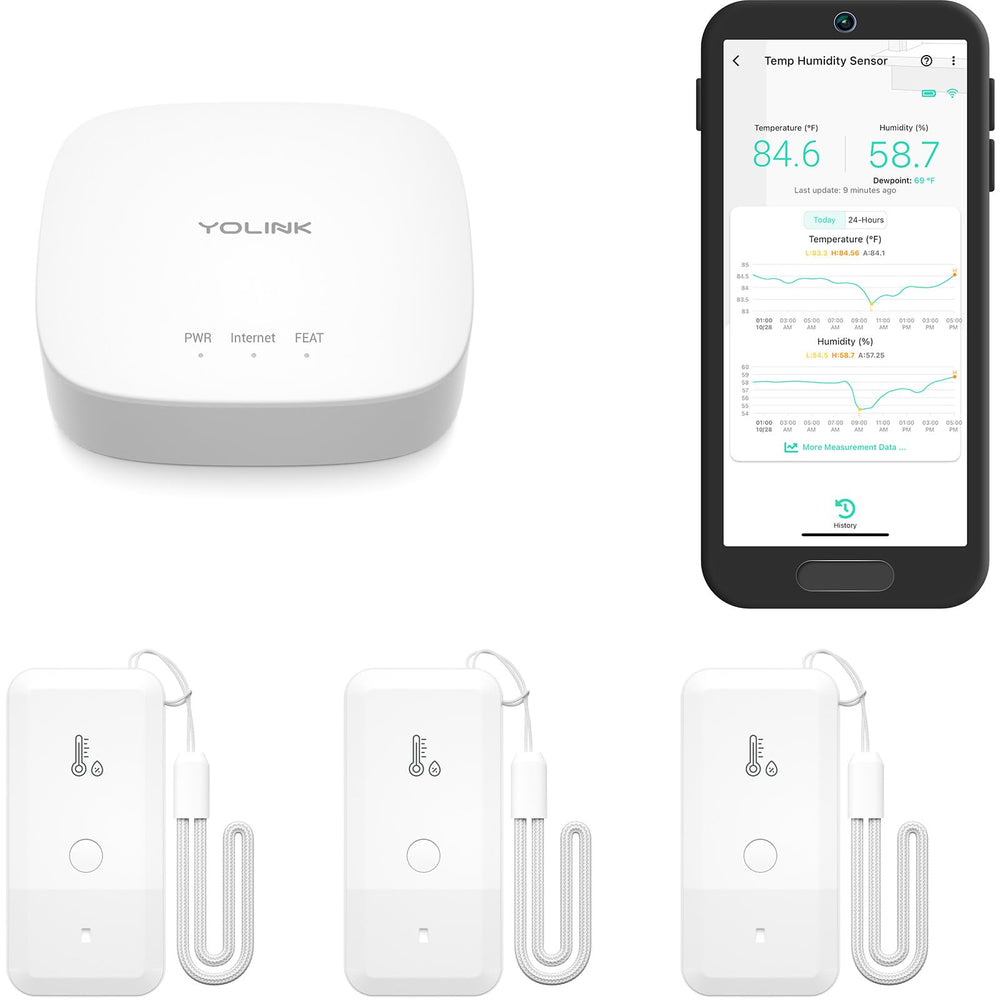 YoLink Freezer Thermometer Hygrometer Kit showing 1 hub and 3 sensors