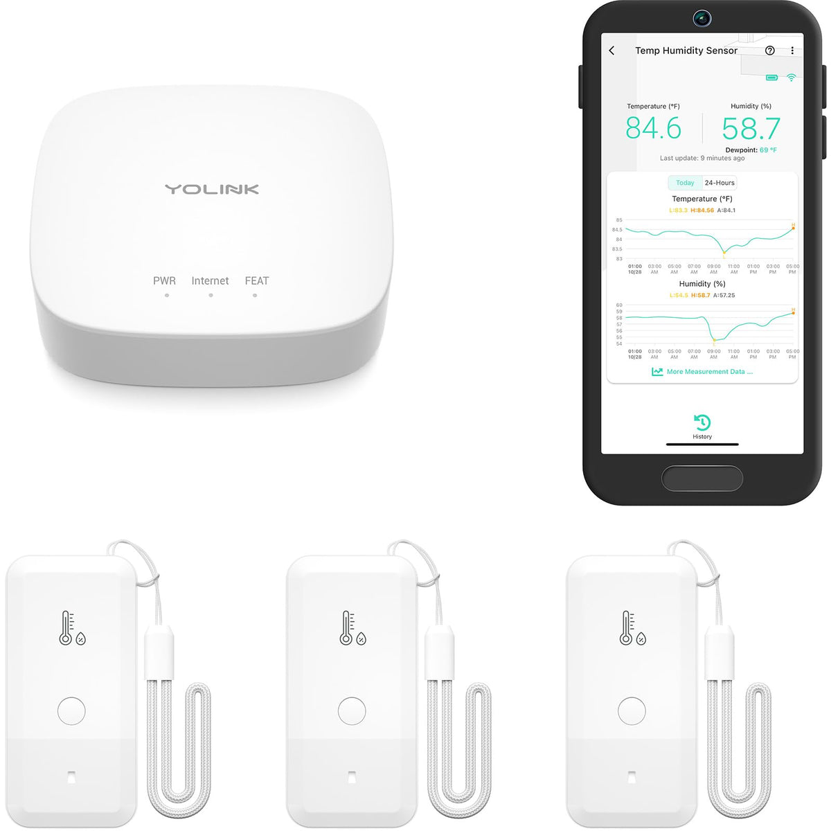 YoLink Freezer Thermometer Hygrometer Kit showing 1 hub and 3 sensors
