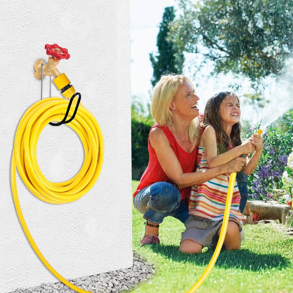 Yoniccal Garden Hose Holder mounted on a wall with a hose