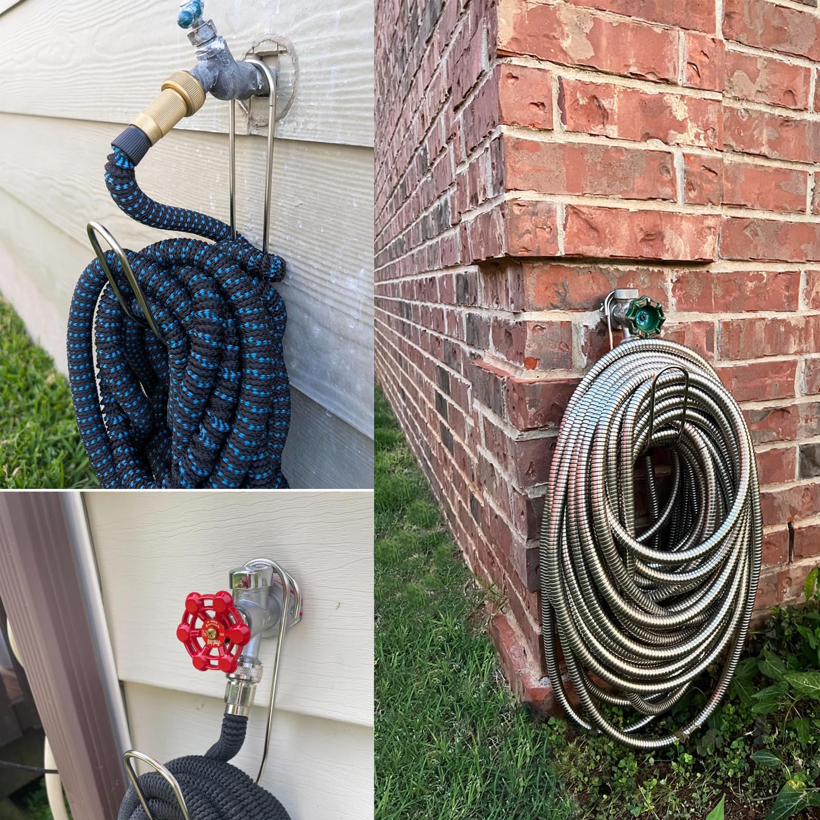 Yoniccal Garden Hose Holder mounted on a wall with tools