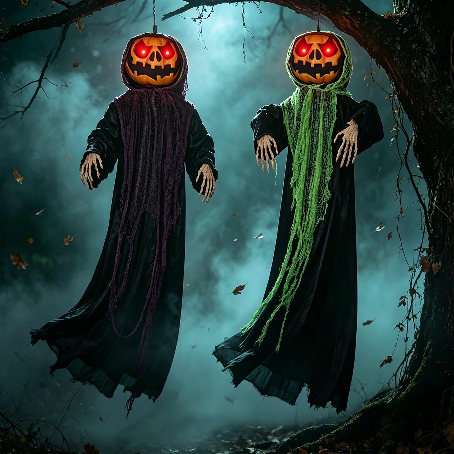 yosager lighted hanging pumpkin man front view with flickering eyes