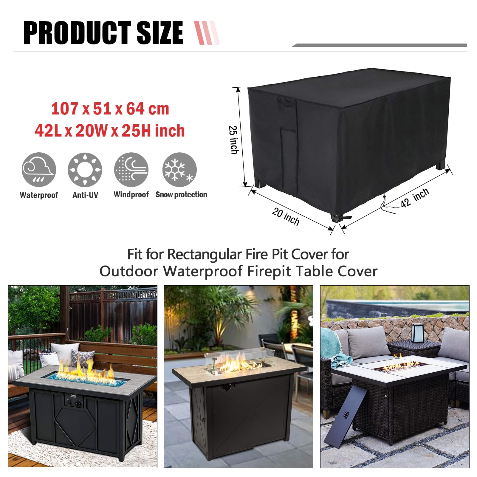 Youlvy Rectangular Fire Pit Cover showing drawstring and vent details