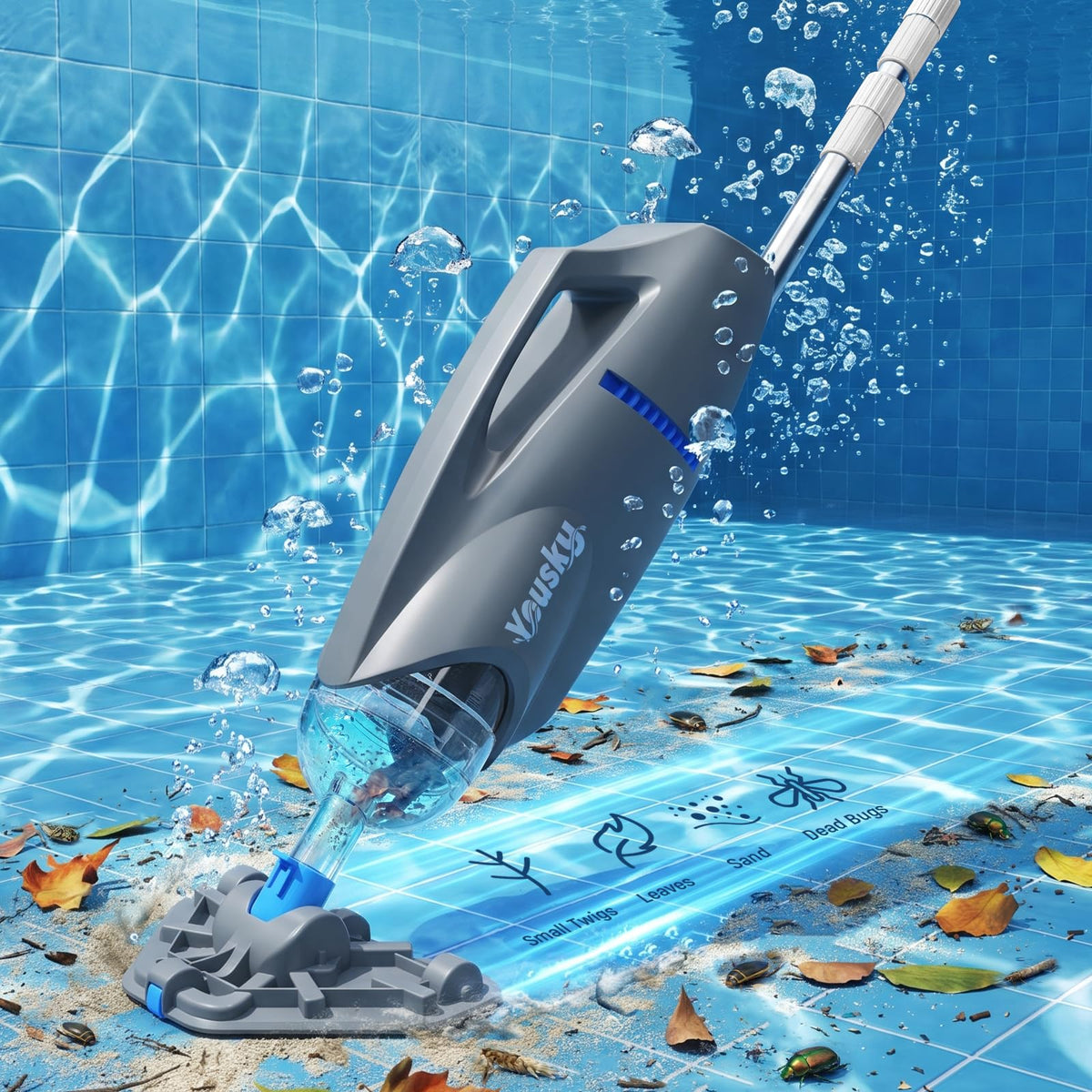 Yousky Cordless Handheld Pool Vacuum front view with brush heads