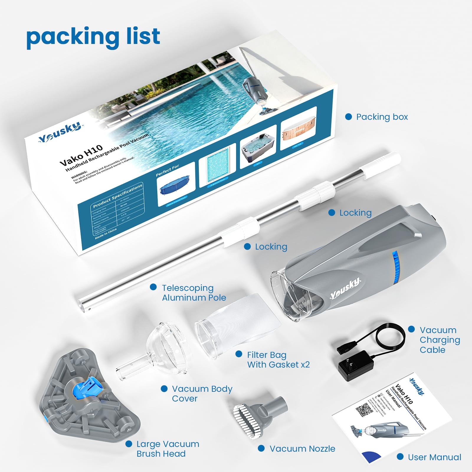 Yousky cordless vacuum showing IPX8 waterproof certification