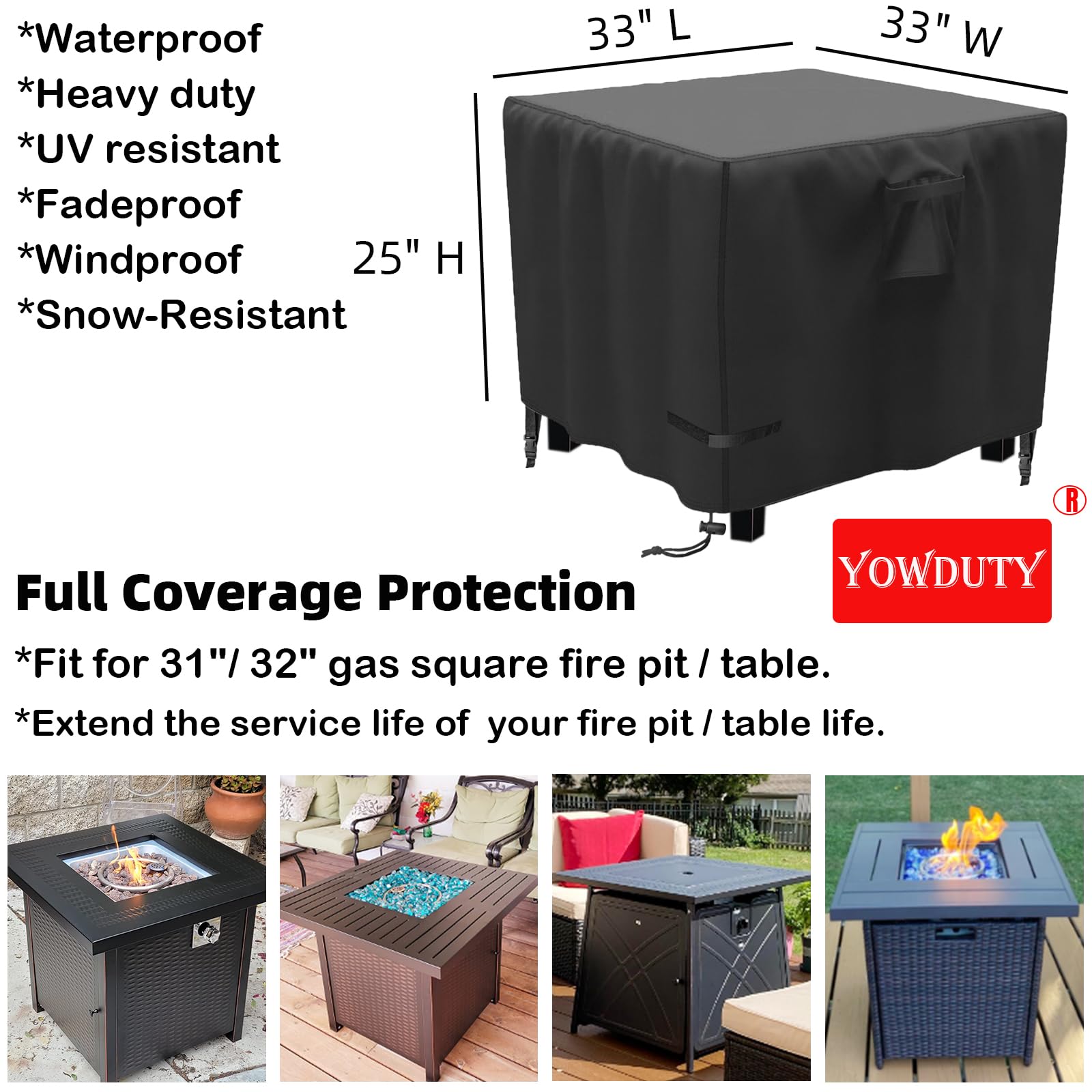 YOWDUTY Fire Pit Cover showing waterproof PVC inner coating