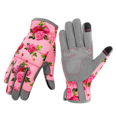 YRTSH Leather Gardening Gloves for Women, pink model front view