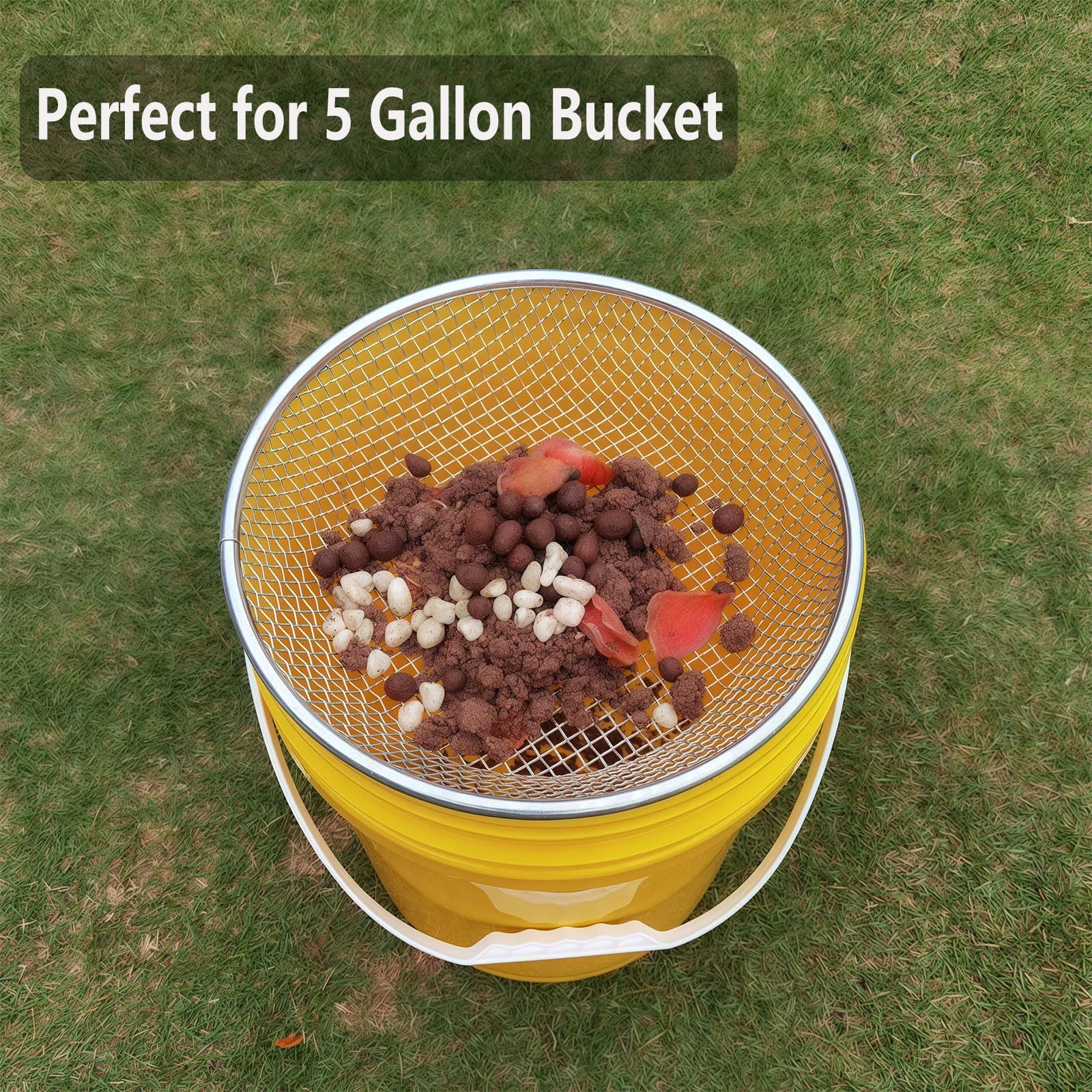YUEBM Soil Sifter 1/4 inch mesh on a 5-gallon bucket
