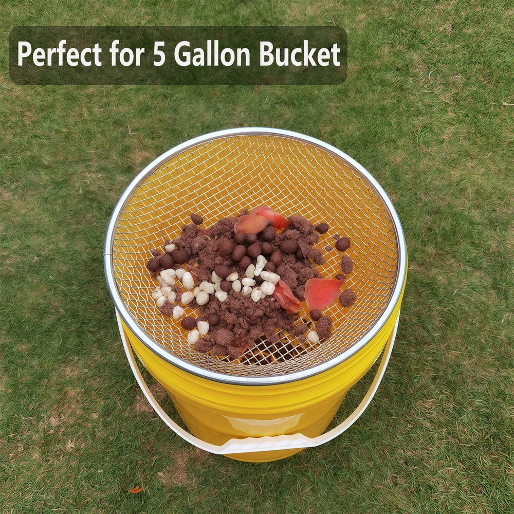 YUEBM Soil Sifter 1/4 inch mesh on a 5-gallon bucket