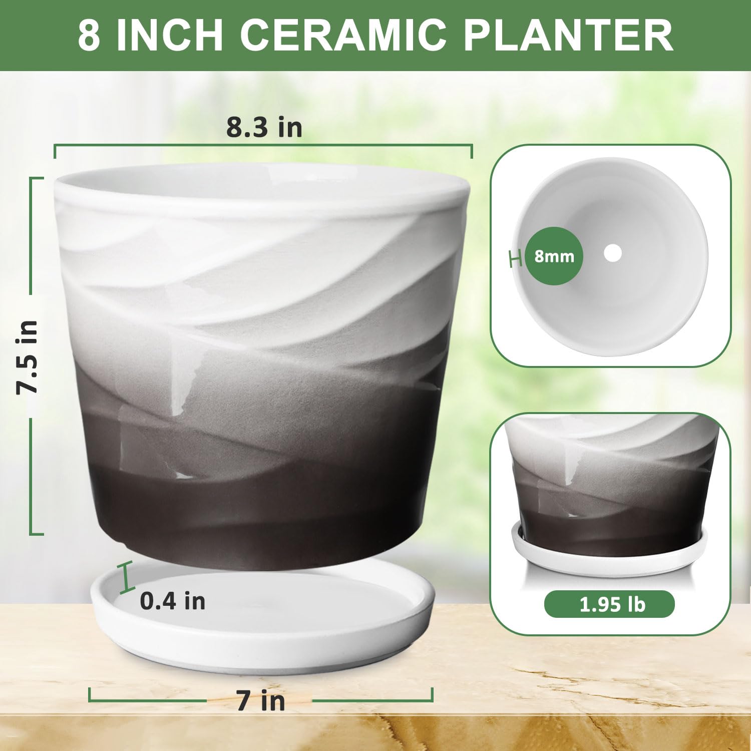 YUFDA 8 Inch Ceramic Plant Pot with plants in a living room setting