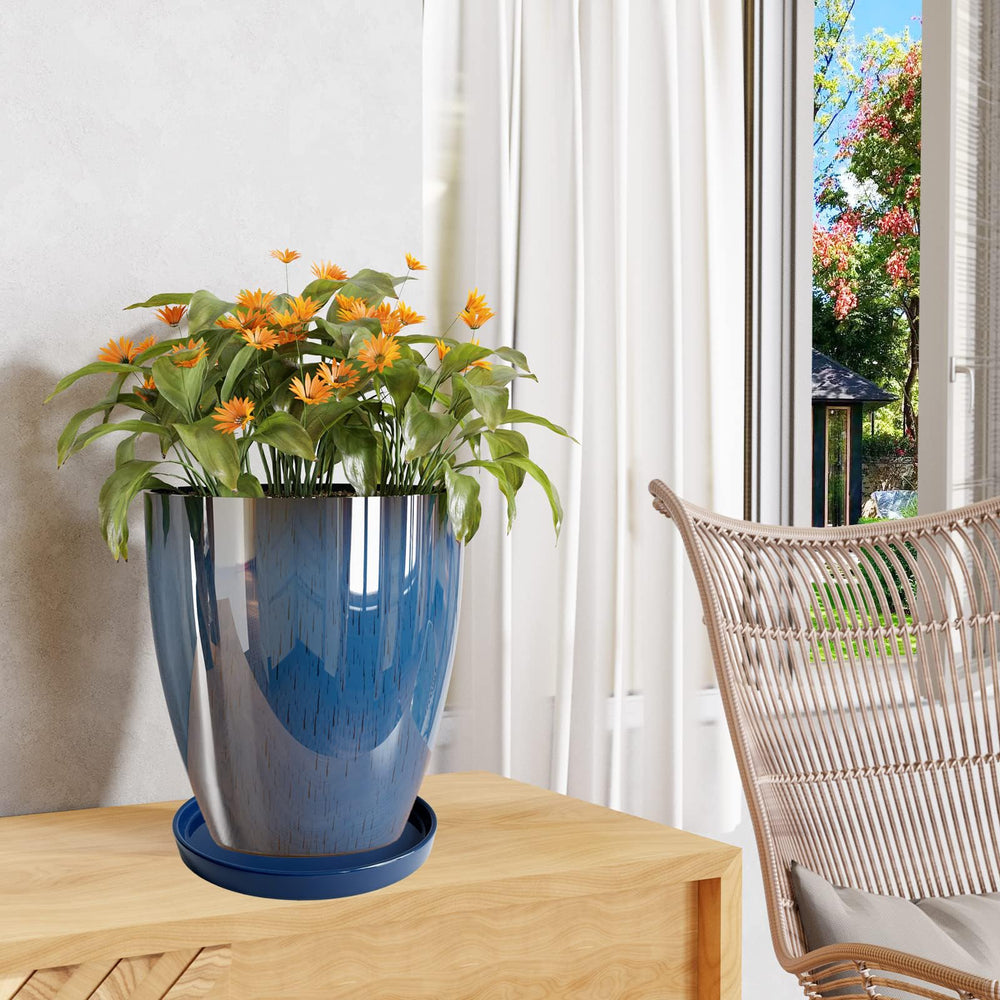 Yukfona Ceramic Plant Saucer Tray 12 Inch Blue in garden