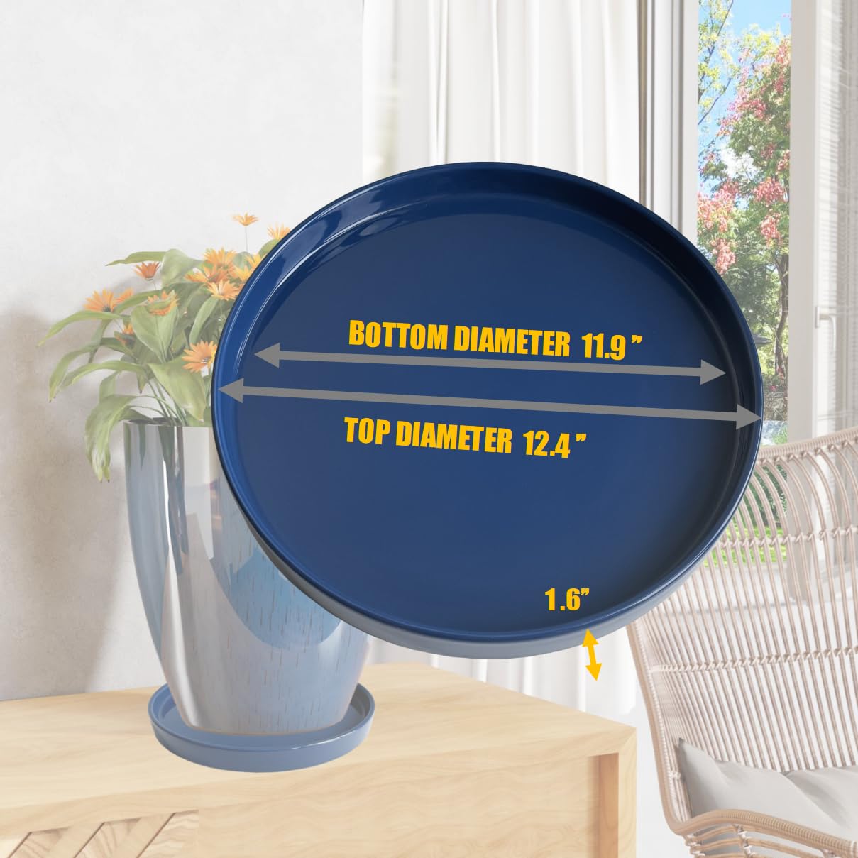Yukfona Ceramic Plant Saucer Tray 12 Inch Blue side view