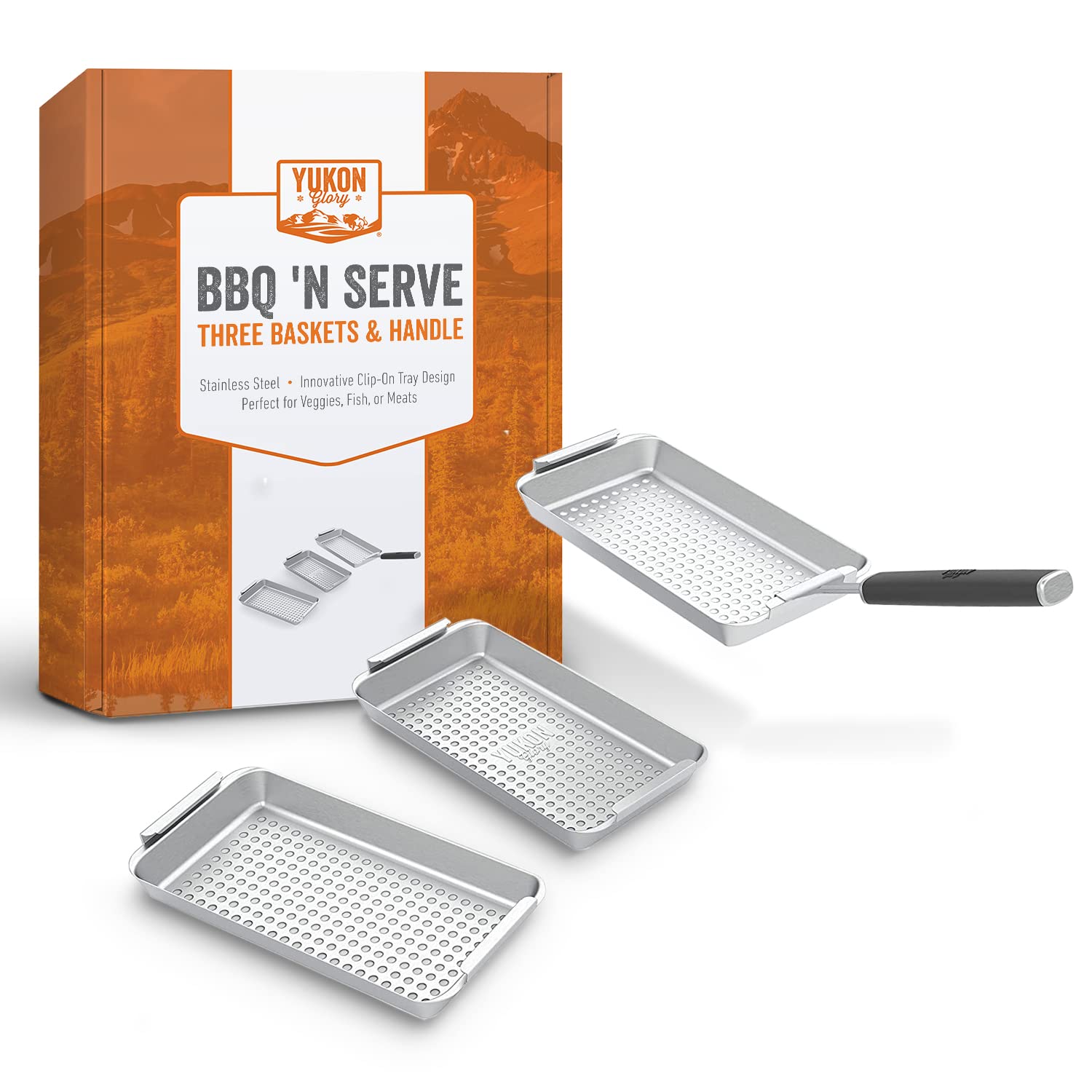 Yukon Glory grill basket set with three stainless steel baskets