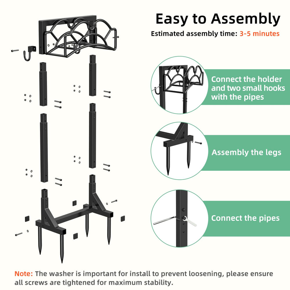 Yumatum Hose Holder with garden tools nearby