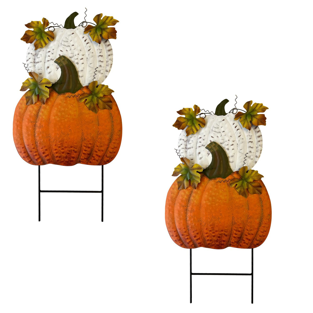 YUMBOR metal pumpkin yard stake front view, vibrant orange and white