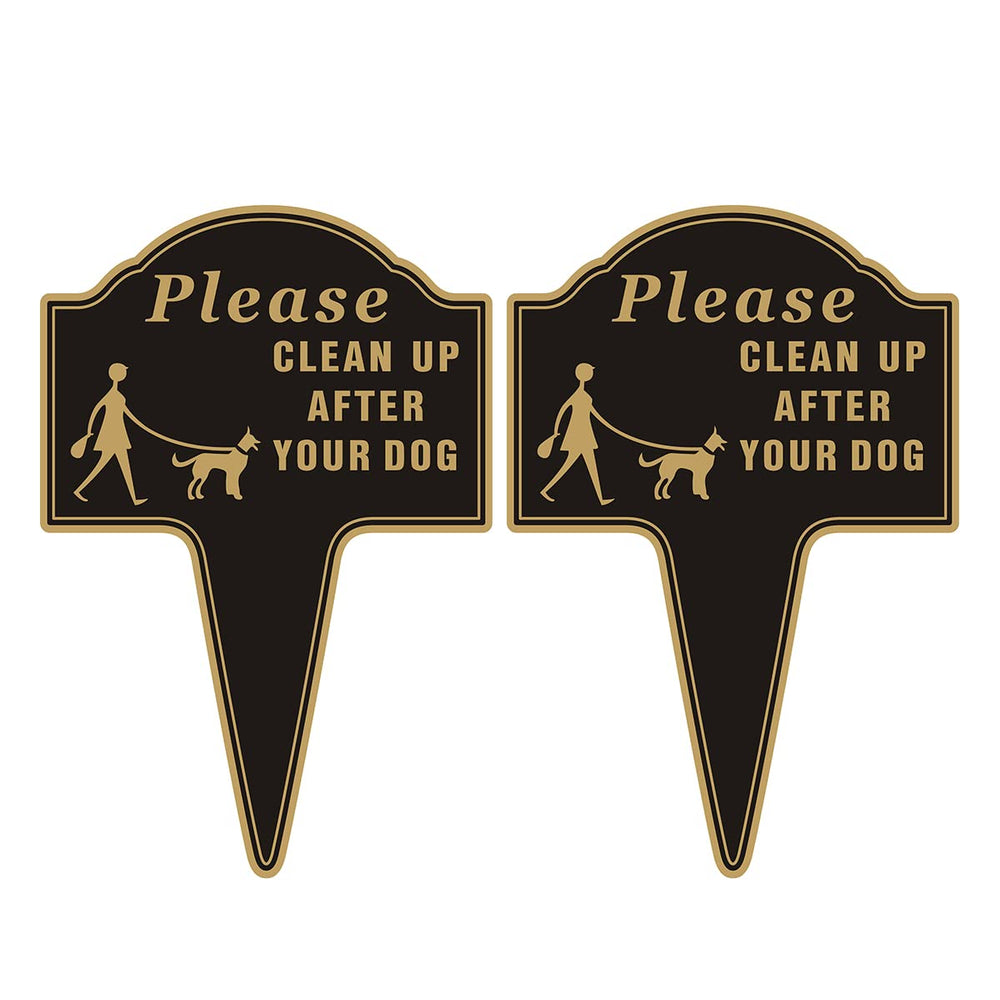 Yuntarda Clean Up After Your Dog Sign front view, black with golden text