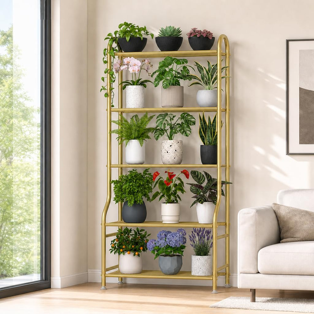 Yutrchey 5-Tier Metal Plant Stand front view in gold