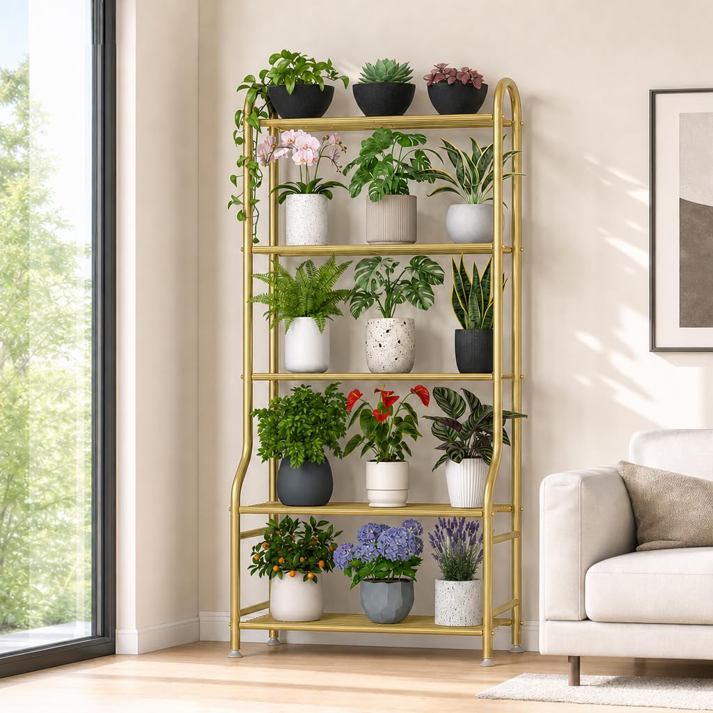 Yutrchey 5-Tier Metal Plant Stand front view in gold