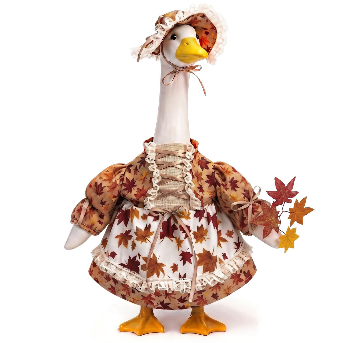 YVMMVY Fall Porch Goose Outfit featuring a lace-trimmed bonnet and maple leaf dress