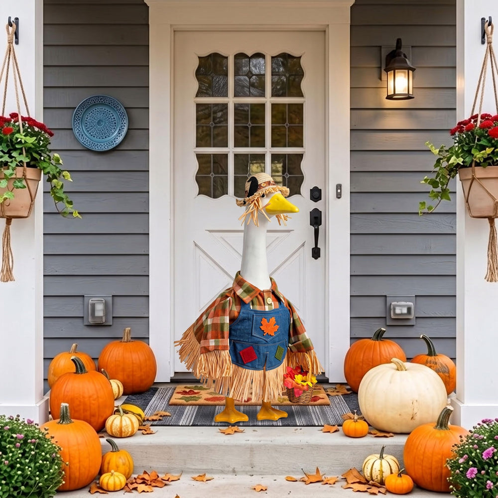 YVMMVY scarecrow goose outfit displayed outdoors on a porch