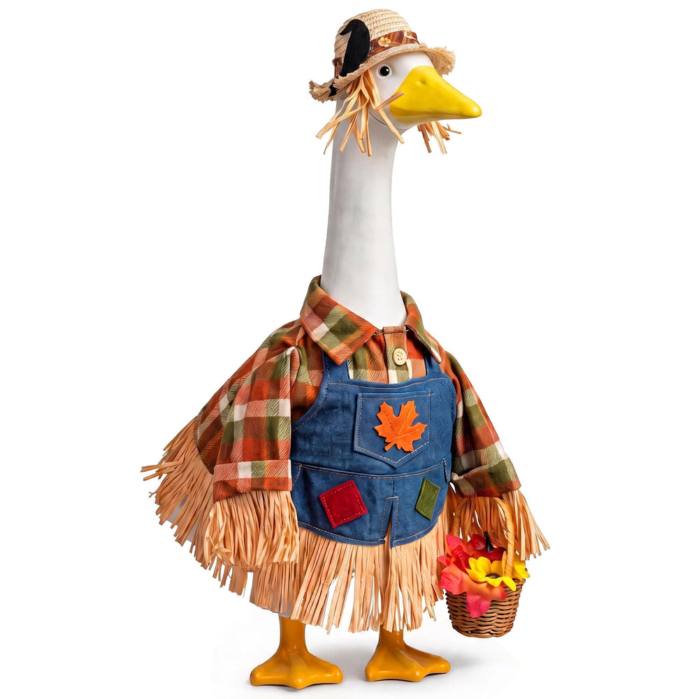 YVMMVY scarecrow goose outfit front view with straw hat and plaid shirt