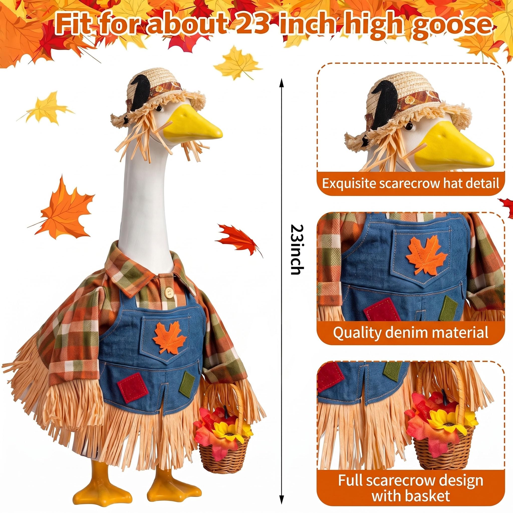 YVMMVY scarecrow goose outfit with denim overalls and autumn flowers