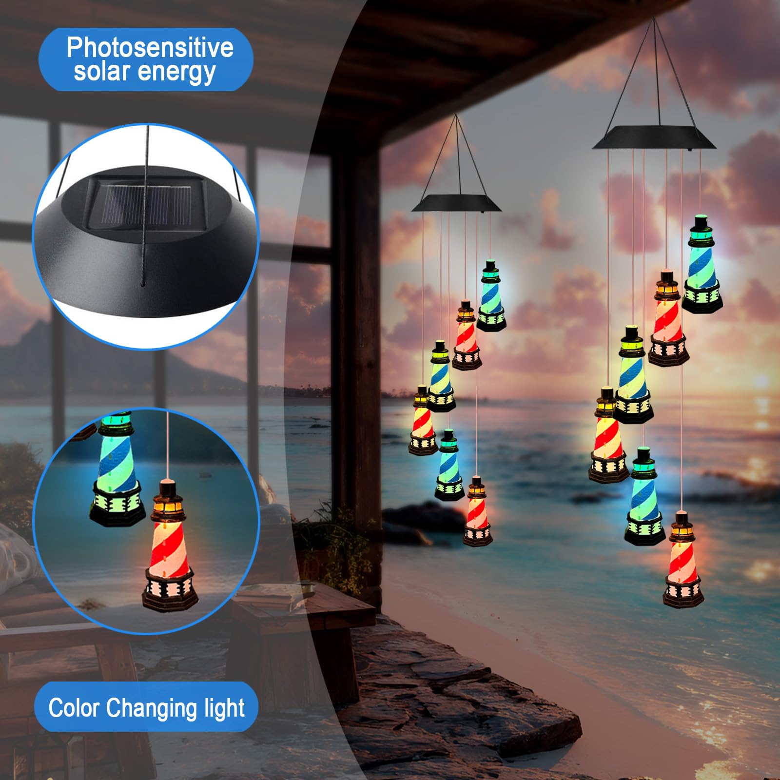 YY Gardenia Solar Lighthouse Wind Chimes with solar panel