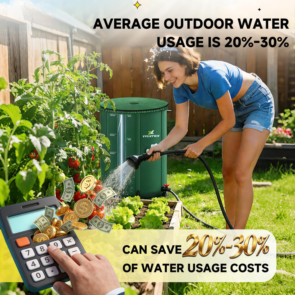 YYLXTEX green rainwater barrel setup in garden