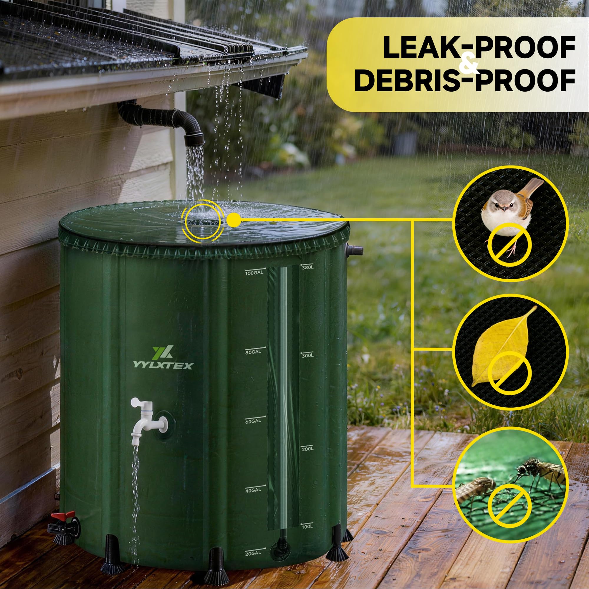 YYLXTEX rain barrel with mesh screen close-up