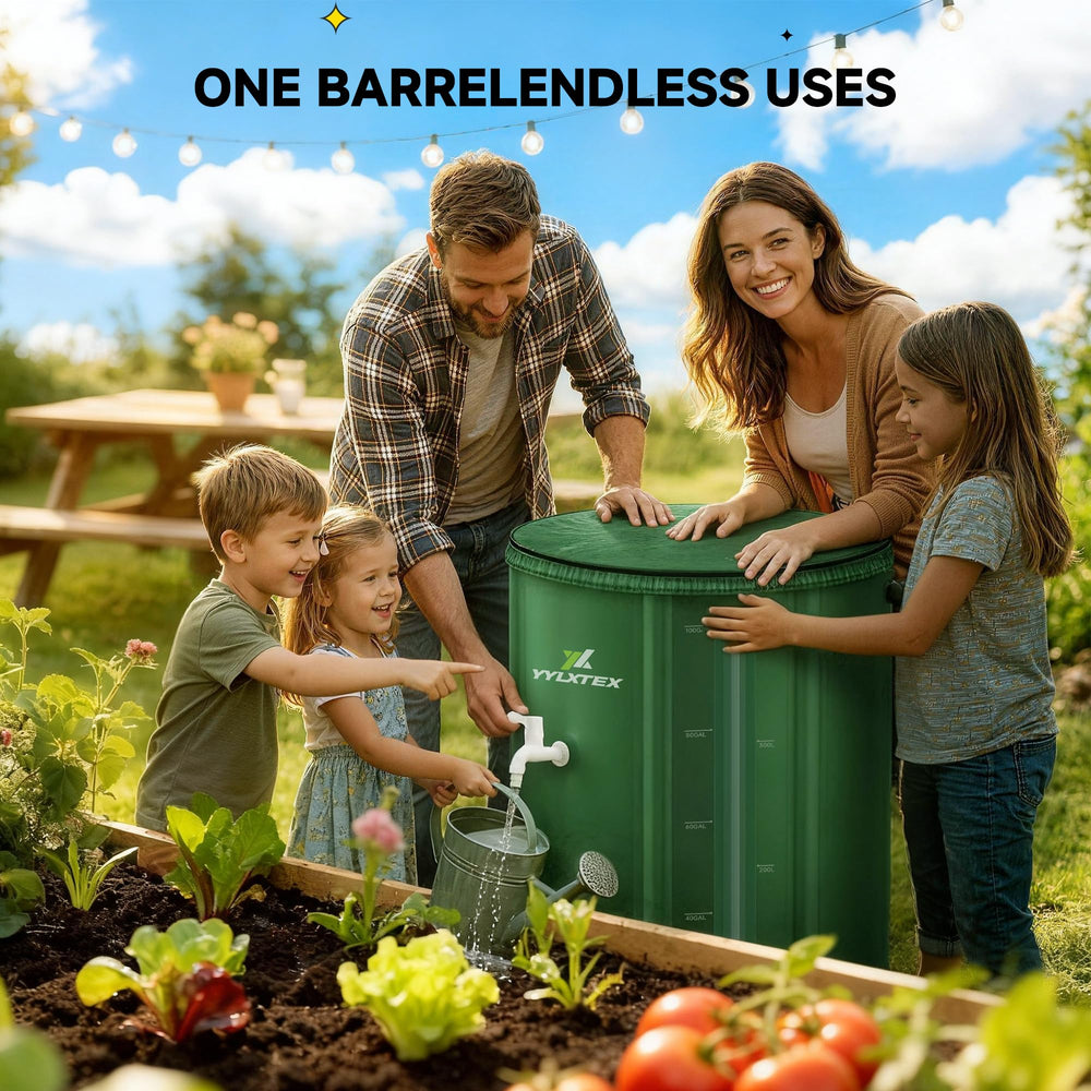 YYLXTEX rainwater collection barrel assembled in backyard