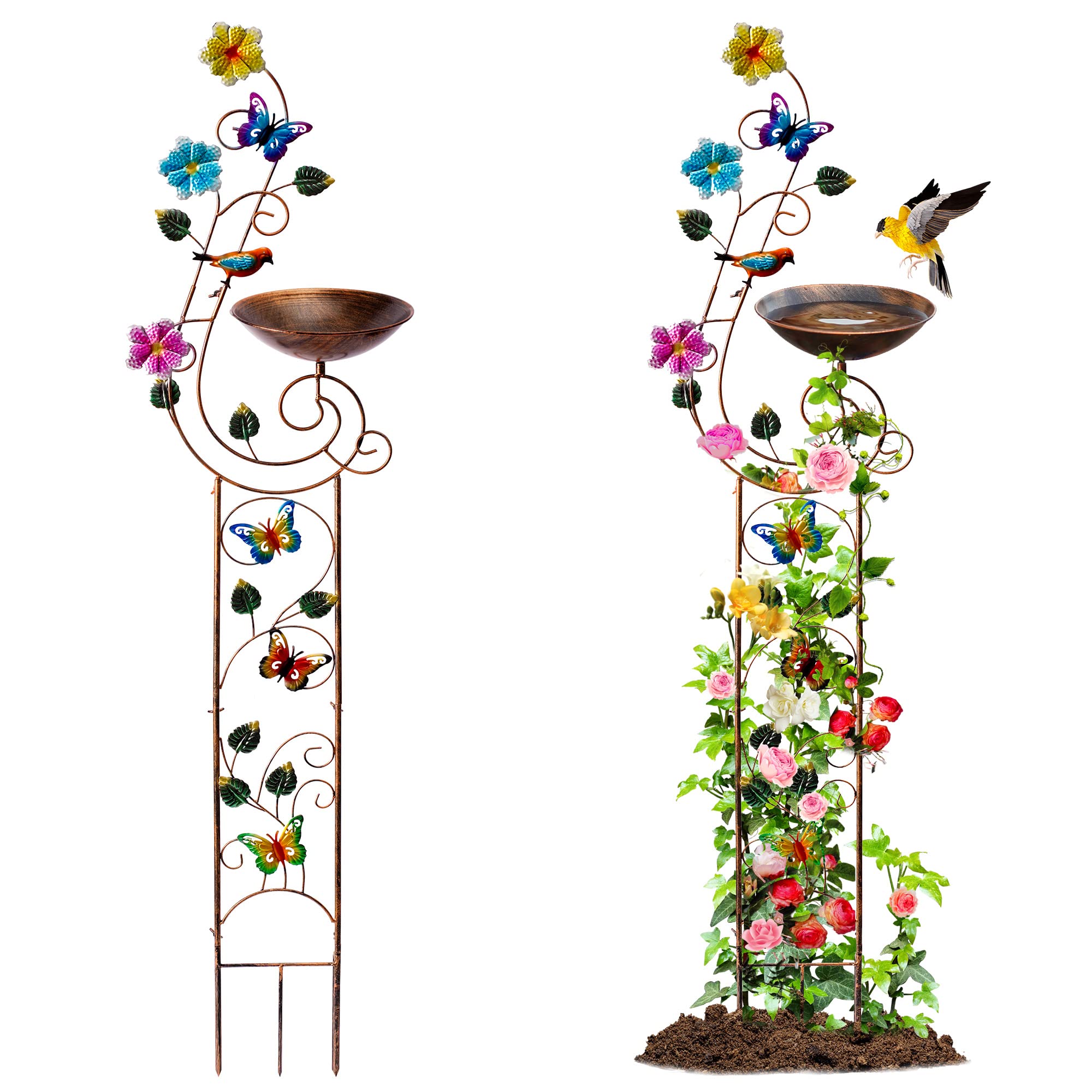 YYWMWM Metal Bird Bath with Trellis, Bronze, front view