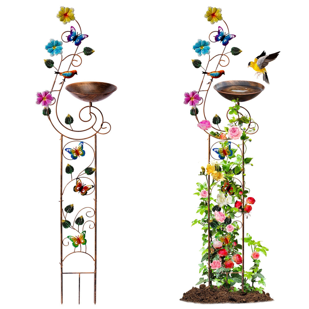 YYWMWM Metal Bird Bath with Trellis, Bronze, front view