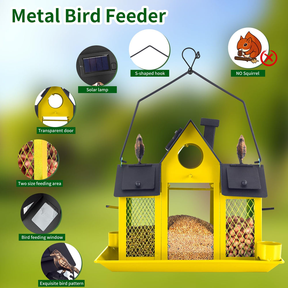 YYWMWM Solar Bird Feeder filled with seeds and hanging