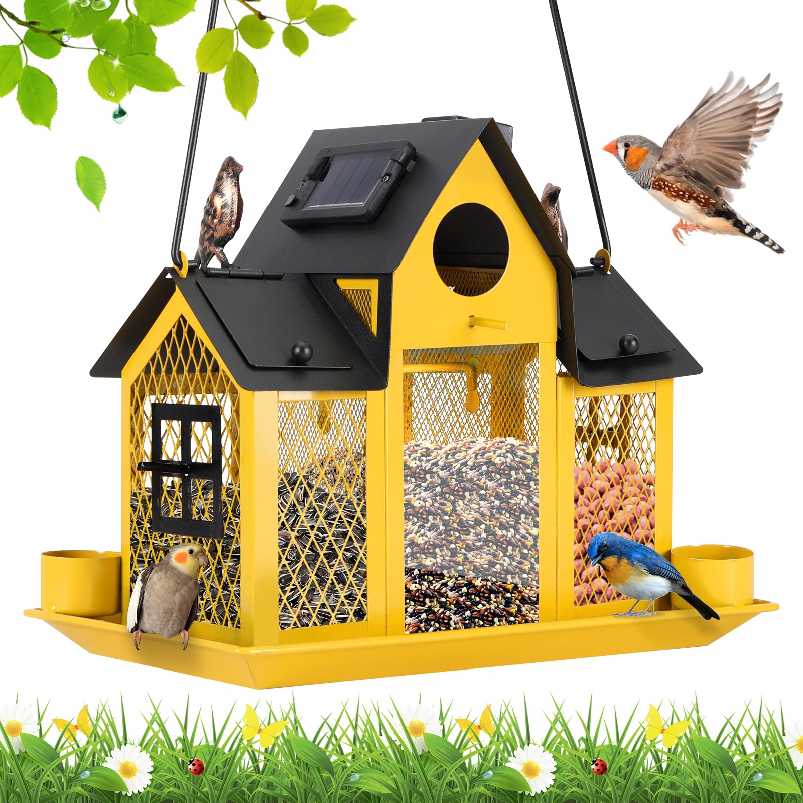 YYWMWM Solar Bird Feeder House in yellow with solar panel