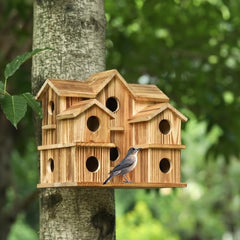 YYYUAN Cedar Bird House front view showing 10 entrances