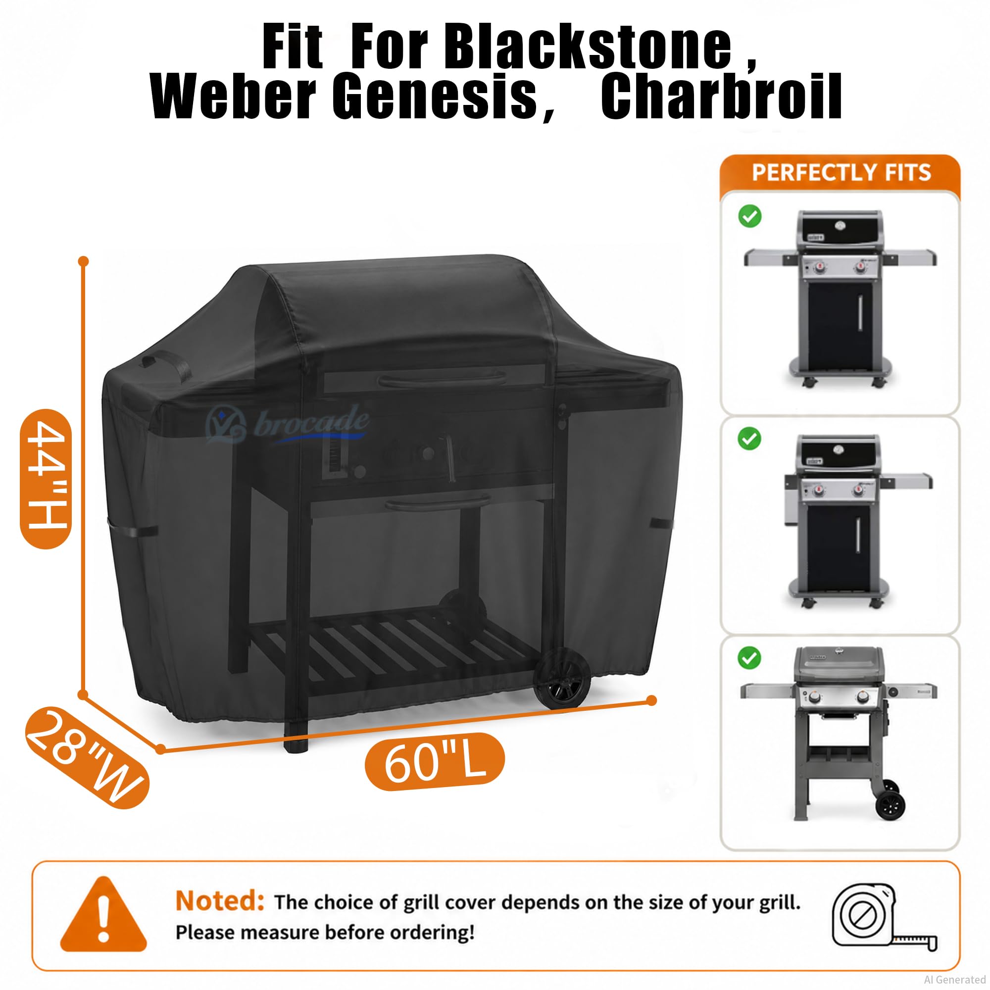 yzbrocade 60 Inch XL Grill Cover side view showing adjustable straps
