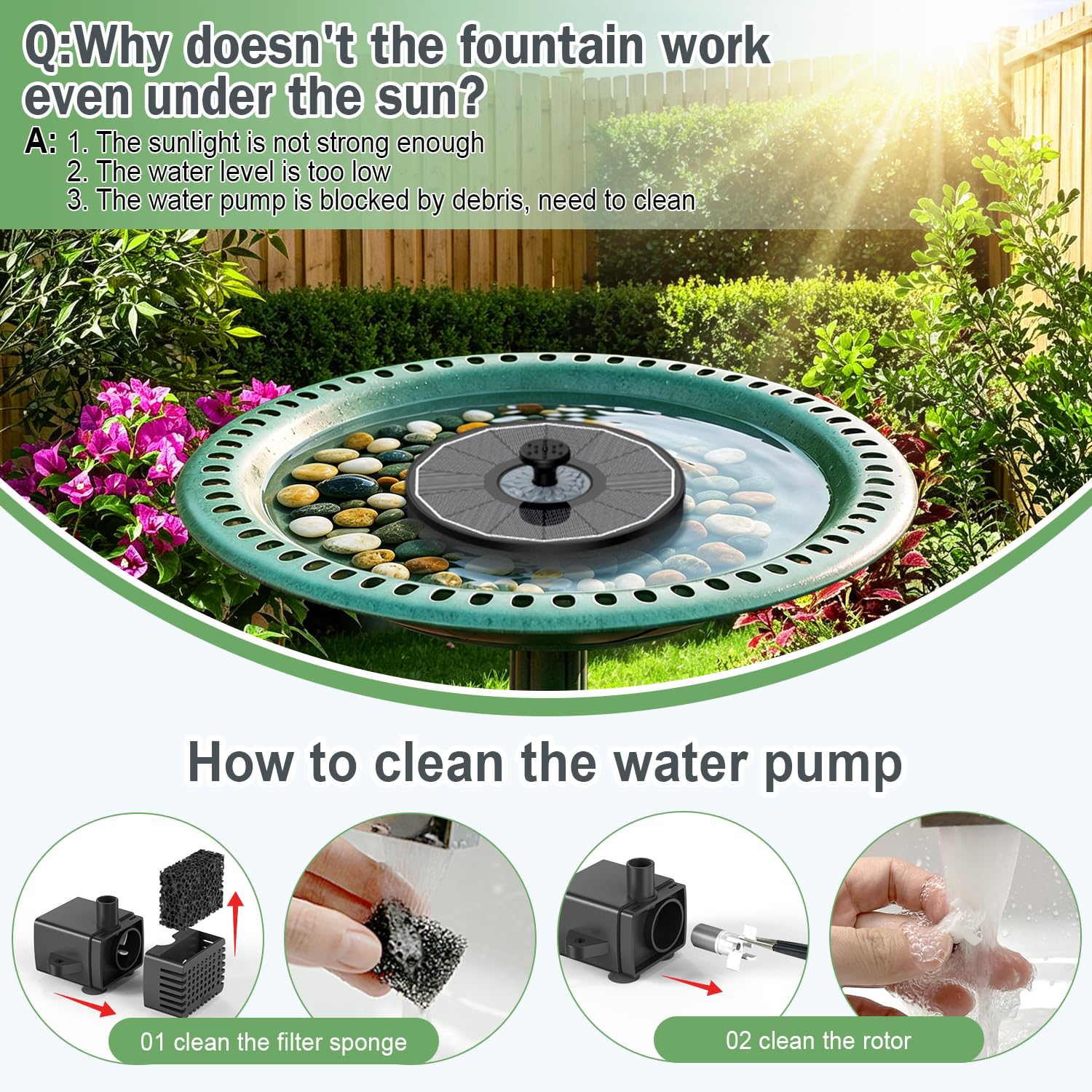 Yzert Solar Fountain installed in a bird bath