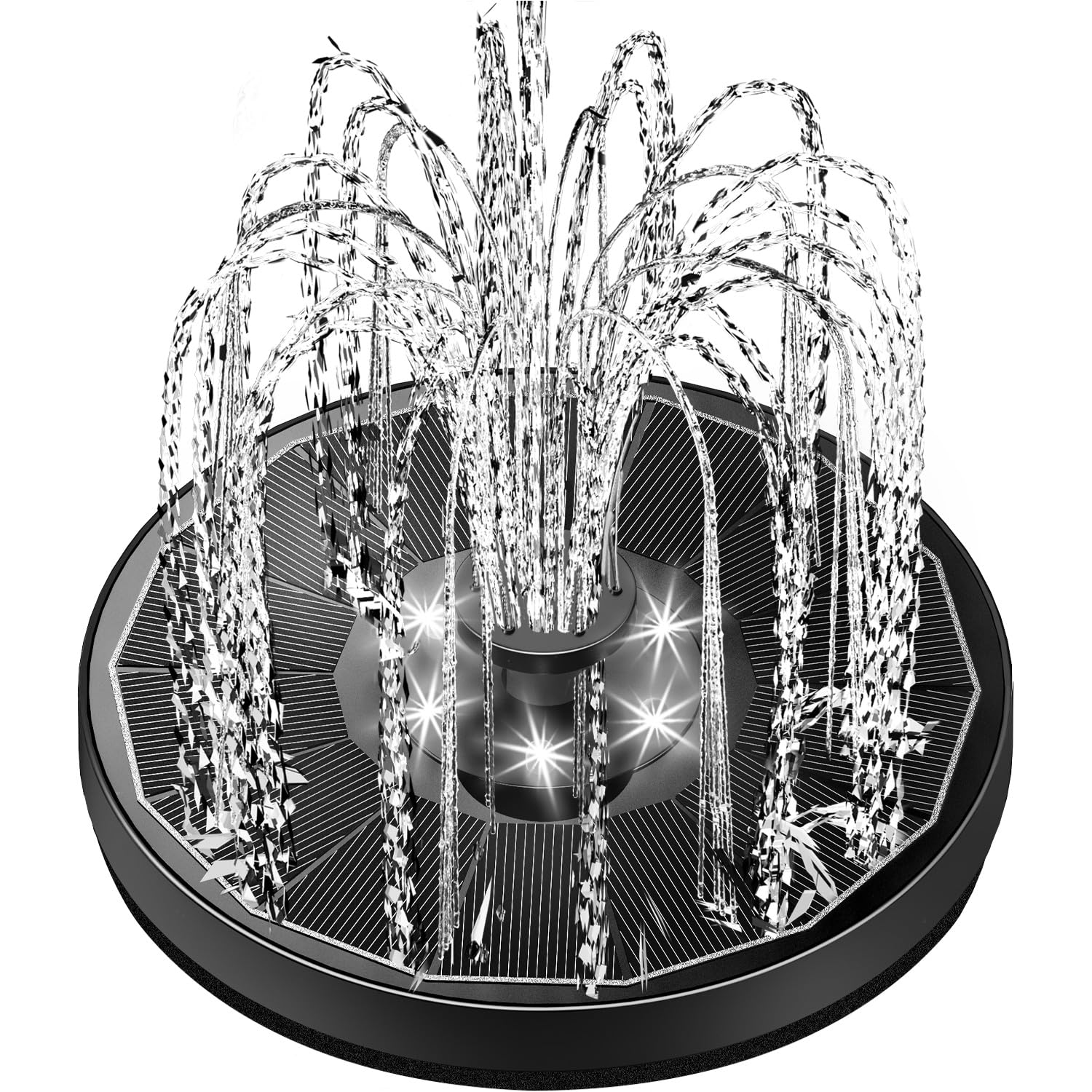 Yzert Solar Fountain with black panel and white lights front view