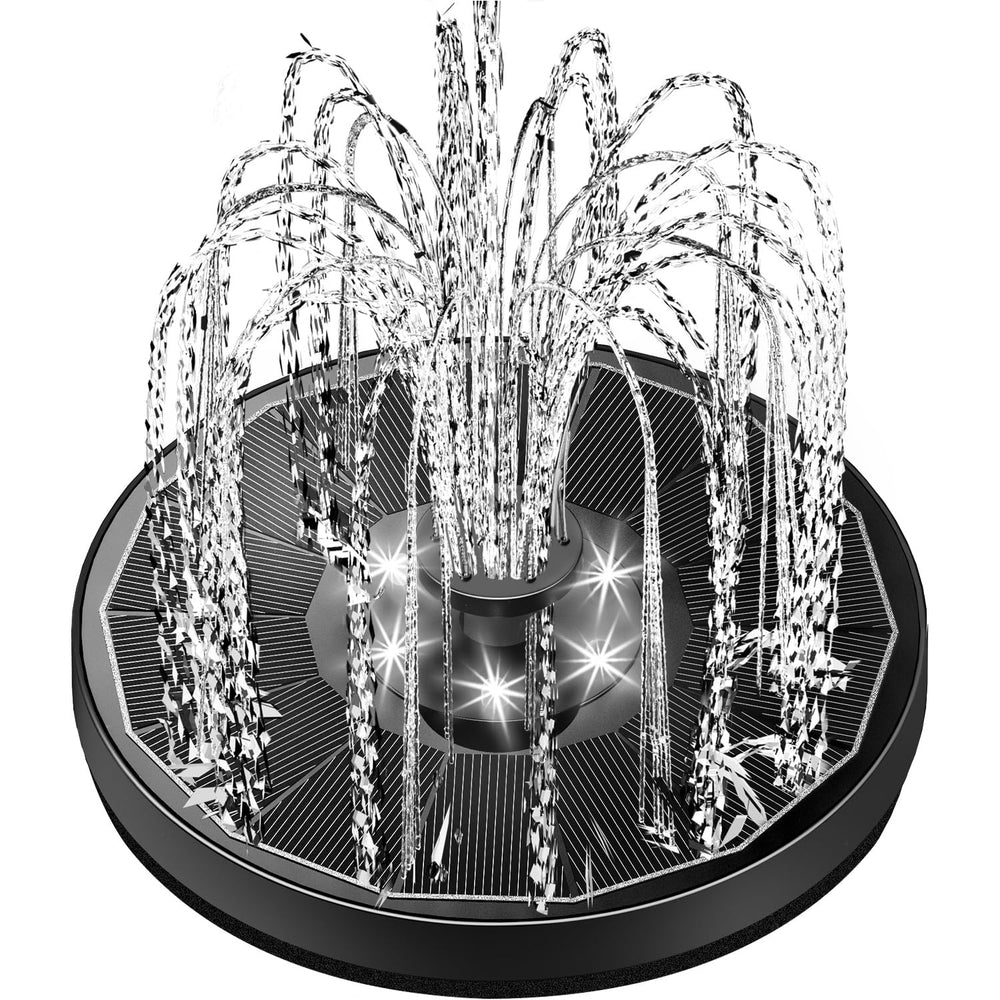 Yzert Solar Fountain with black panel and white lights front view